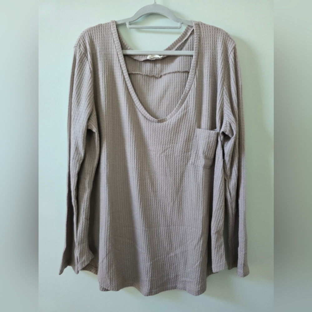 Casual Ribbed Long Sleeve Top - Mauve Beige